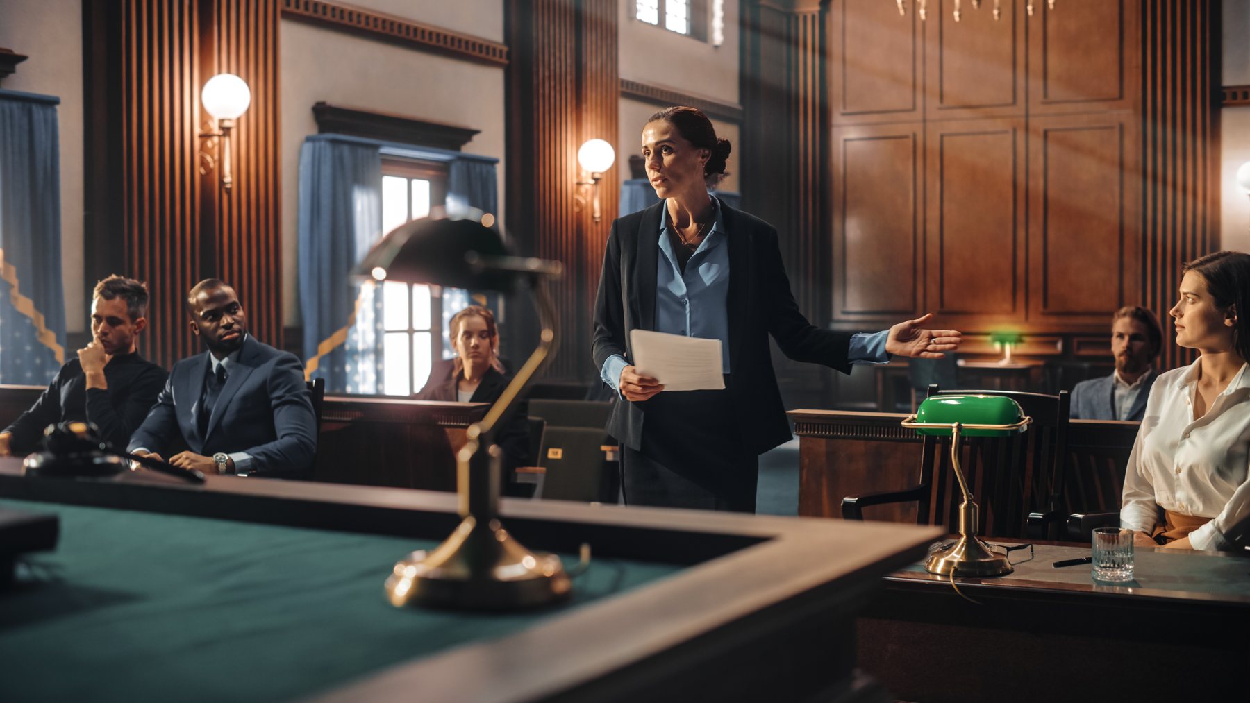 An advocate addressing a court in a traditional courtroom setting.