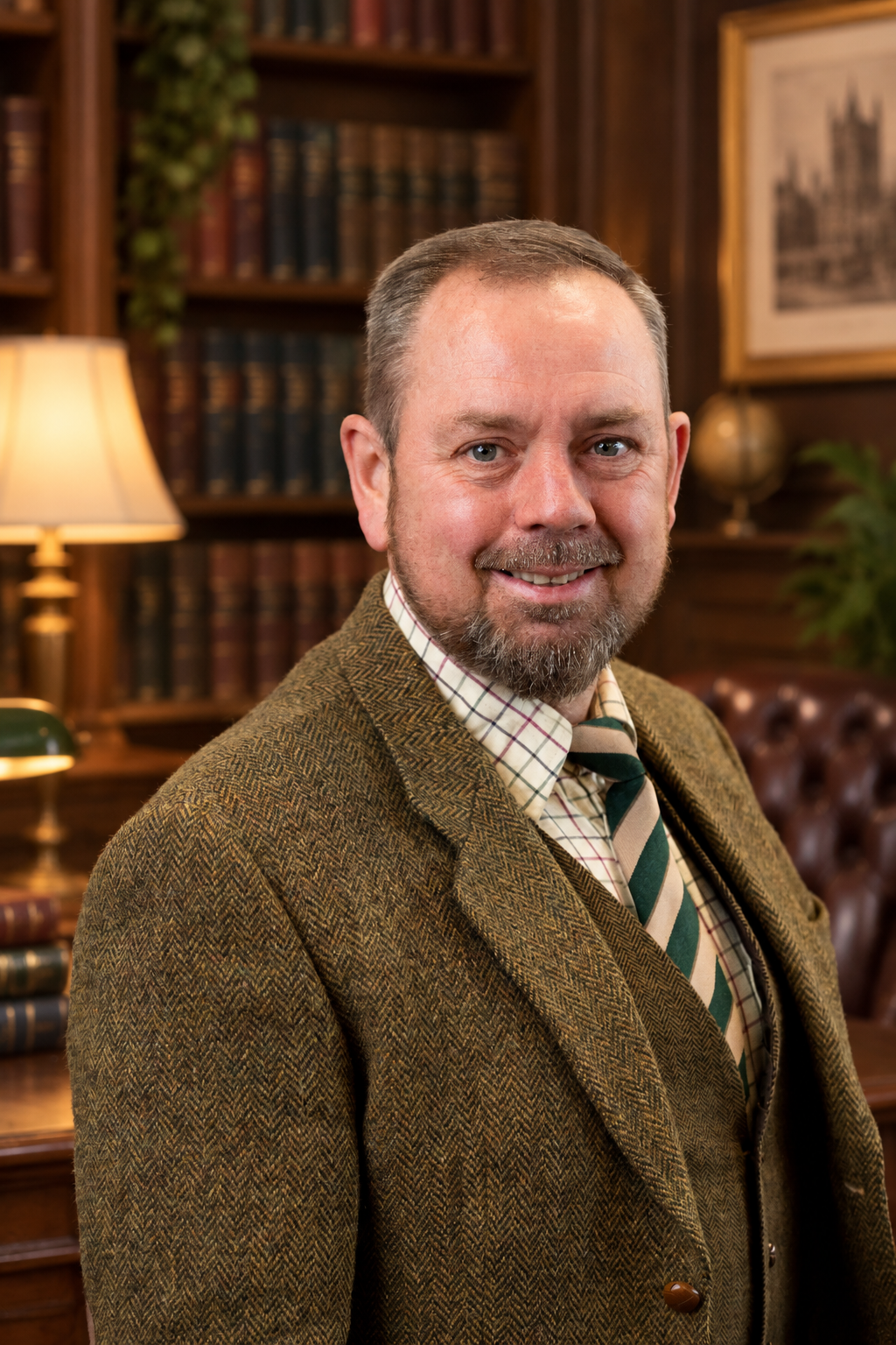 Jason Addy, founder of Lightbulb Law, wearing a green tweed suit in a traditional library setting.