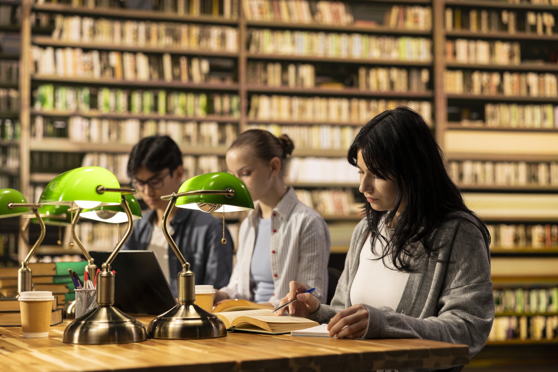 Students studying together at a long library table under green reading lamps.
